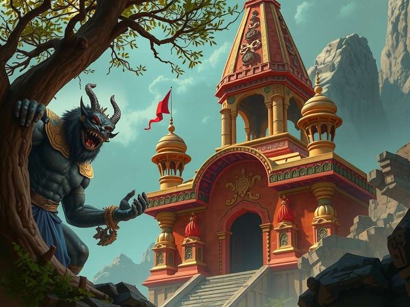 Magic Highland Odyssey Concept Art Showing Mythical Creatures and Indian Architecture